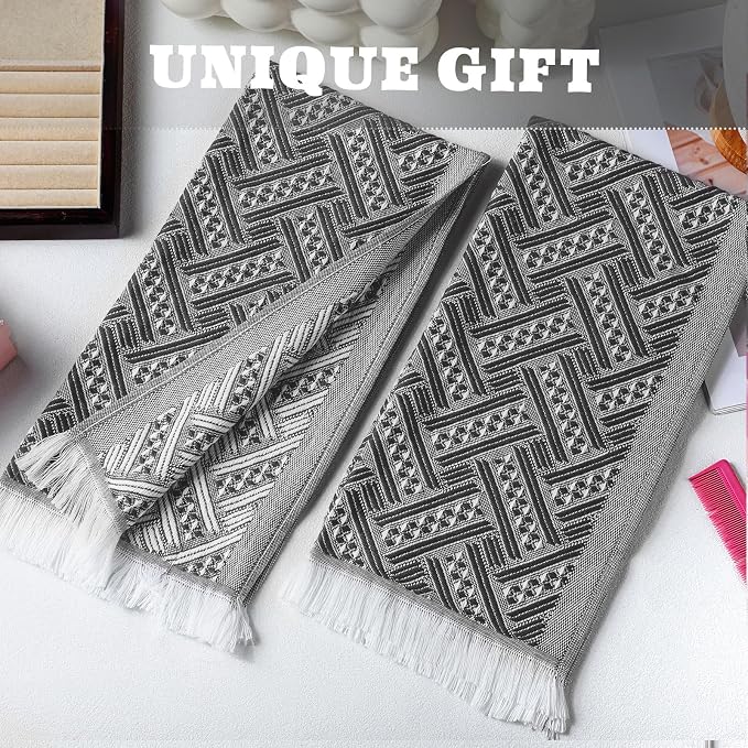 HunnmingRe 4 Pack Boho Hand Towel for Bathroom Kitchen 14x30 Inch 100% Turkish Cotton Summer Boho Decorative Towel Waffle Farmhouse Bathroom Decor Absorbent Soft Guest Gift(Gray,White)