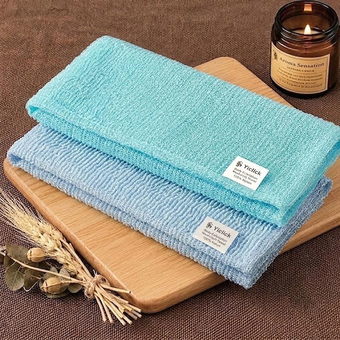 2PCS Exfoliating Washcloth Towel - Exfoliating Body Scrubber Exfoliator, Loofah Sponge Wash Cloth, Korean & Japanse & African Net Sponge Rag - Back Scrubber Washer (Lake Blue+Blue)