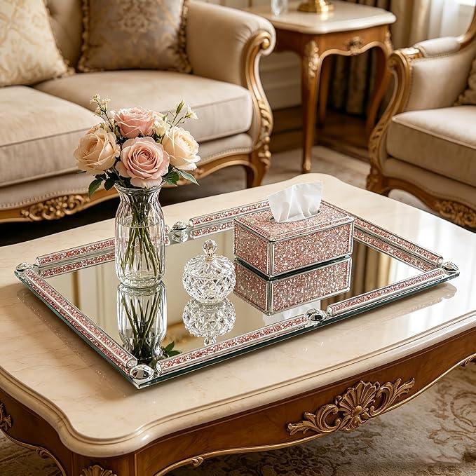 Large Mirror Perfume Tray for Dresser,Pink Crushed Diamond Filled Glass Vanity Tray,Decorative Bathroom Tray,Crystal Tray for Home Decorative,Party,Hotel Banquet,15.7x11.8x1.4inch,Pink