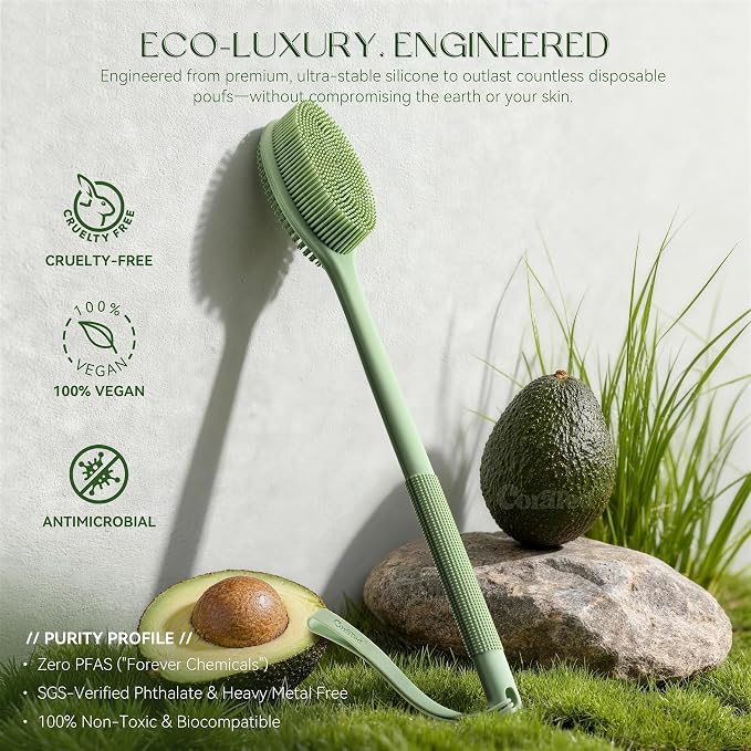 CORATED Silicone Back Scrubber for Shower, 2‑in‑1 Body Brush with Handle | Exfoliating Body Scrubber for Women & Men Daily Use, Loofah Alternative Bath Accessories