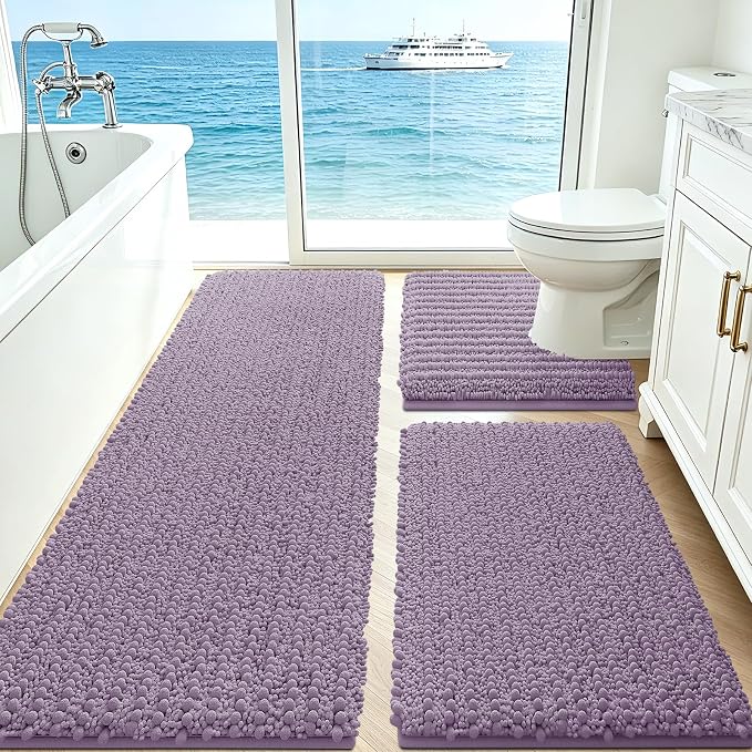 ACCUMTEK Upgrade Extra Large Lavender Bathroom Rug Set 3 Pieces Ultra Soft, Thick Absorbent Bath Mats, Non Slip Chenille Toilet Mat for Bathroom, Bedroom, Kitchen
