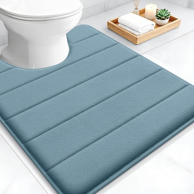 OLANLY Memory Foam Toilet Rugs U Shaped 24x20, Super Soft and Absorbent | Airy Blue, Quick Dry Commode Contour Bath Rugs, Machine Washable Toilet Mat, Comfortable Bathmat Carpet for Bathroom