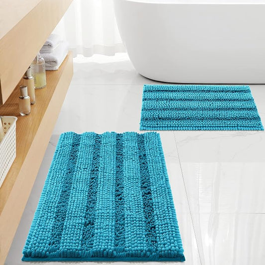 Non Slip Thick Shaggy Chenille Bathroom Rug Sets 2 Piece, Thickened Hot Melt Rubber Bottom Bath Mats for Bathroom, Bath Rugs Quick Dry Machine Washable for Shower (Peacock Blue, 32"x20" Plus 17"x24")