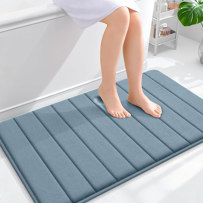 OLANLY Memory Foam Large Bath Mat 40x24, Super Soft Absorbent Bathroom Rugs | Airy Blue, Quick Dry Bath Rug, Machine Washable Shower Floor Mats, Bathmat Carpet for Bathroom Floor, Tub and Shower