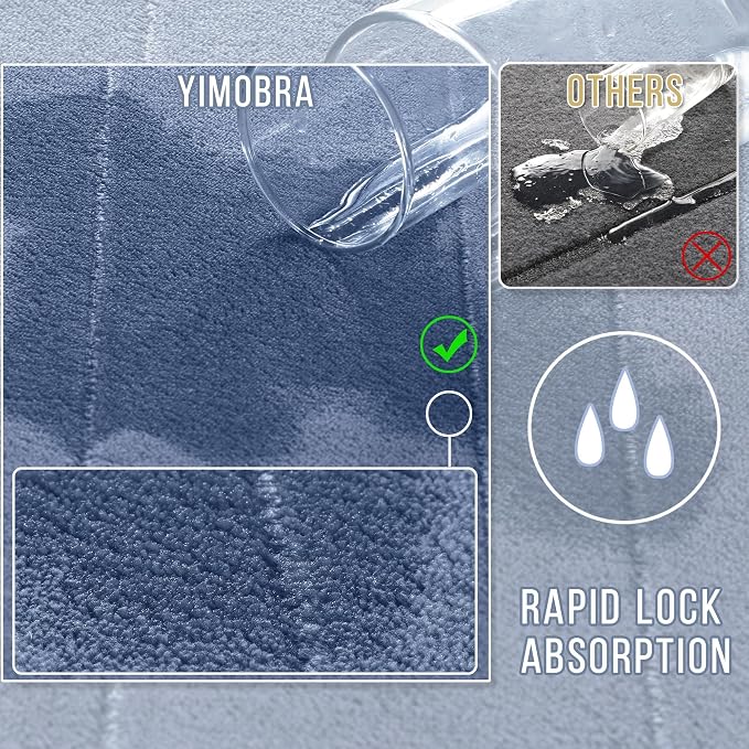 Yimobra 3 Pieces Memory Foam Bath Mat Set with U-Shaped Toilet Rug - Non Slip Super Soft Absorbent Quick Dry Bathroom Rugs for Bathtub, Vanity & Toilet Base, Denim Blue