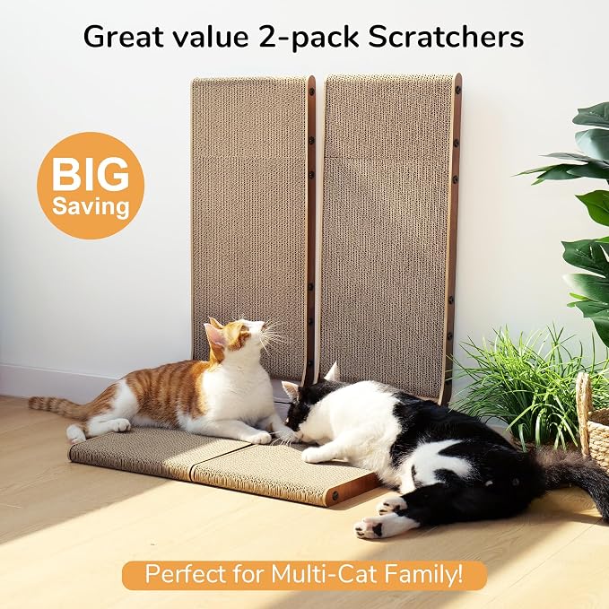 FUKUMARU Cat Scratcher for Indoor Cats, 26.8 Inch Cat Scratch Pad L Shaped | 2 Packs Cardboard Cat Scratcher, Vertical Cat Scratching Board with Ball Toy, Walnut Color