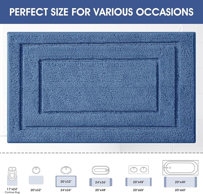 IM HOME Bathroom Rugs, Ultra Soft Plush Fluffy Microfiber Absorbent Bath Mat, Non-Slip Backing, Machine Washable Bath Mats for Bathroom Floor, Tub and Shower, Blue/32"x20"/Bordered