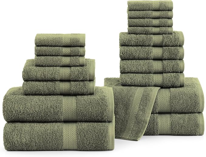 LANE LINEN Large Bath Towel Set Absorbent Quick Dry 100% Cotton - Oil Green | Cotton Towels - Fade-Resistant Color, Classic Terry Weave, Densely Woven & Durable, Easy-Care, Coordinated Colors