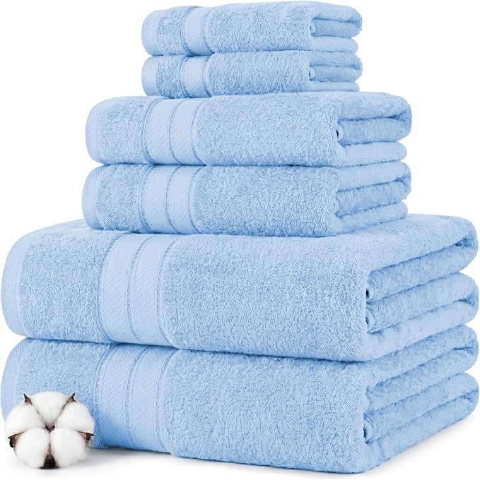 Modern Threads - Spun Loft 6-Piece 100% Combed Cotton Towel Set - Bath Towels, Hand Towels, & Washcloths - Super Absorbent & Quick Dry - 600 GSM - Soft & Plush, Blue