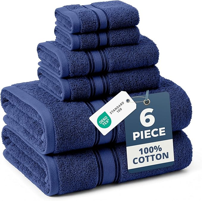 LANE LINEN Bath Towel Set 100% Cotton 6 Piece Soft Absorbent - Navy | Shower Towels - Generously Sized, Oversized & Roomy, Lightweight & Breathable, Fade-Resistant Color, Classic Terry Weave