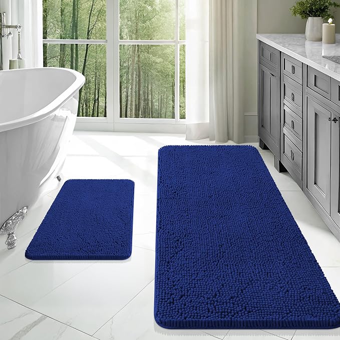OLANLY Chenille Bathroom Rugs Mats Sets 2 Piece, 47"x20"+24"x16", Navy | Ultra Soft Absorbent Bath Rugs Set, Rubber Backing Non-Slip, Quick Dry, Machine Washable Bath Carpet, Home Decor Accessories