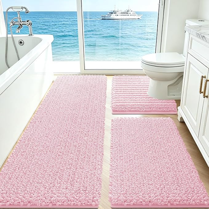 ACCUMTEK Upgrade Extra Large Pink Bathroom Rug Set 3 Pieces Ultra Soft, Thick Absorbent Bath Mats, Non Slip Chenille Toilet Mat for Bathroom, Bedroom, Kitchen