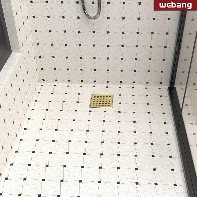 WEBANG 4 Inch Square Shower Drain Gold Floor Drain with Flange Square Holes Pattern Cover Grate Removable SUS304 Stainless Steel Watermark&CUPC Certified Brushed Gold