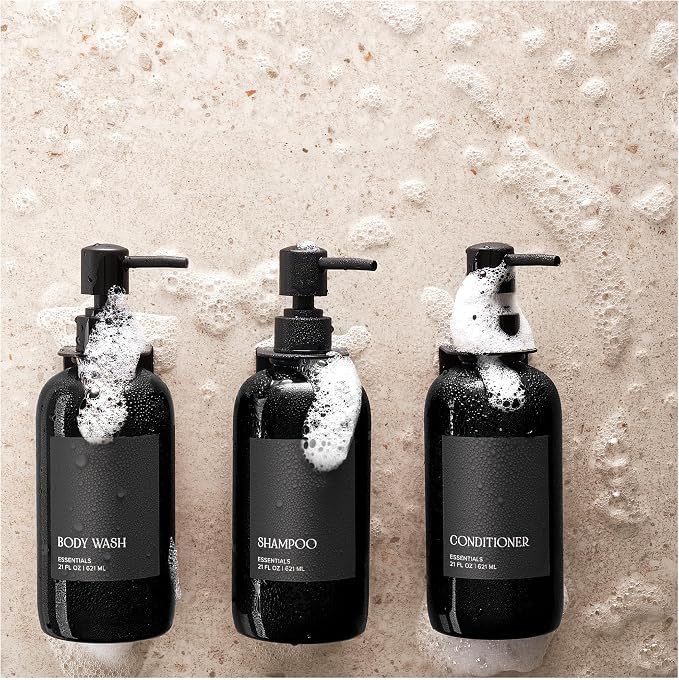 Stylish Shampoo & Conditioner Dispenser Set of 3 - Wall Mount, Drill Free | Modern 21oz Shower Soap Bottles with Labels - Easy Refill Body Wash Dispensers for an Instant Bathroom Decor Upgrade