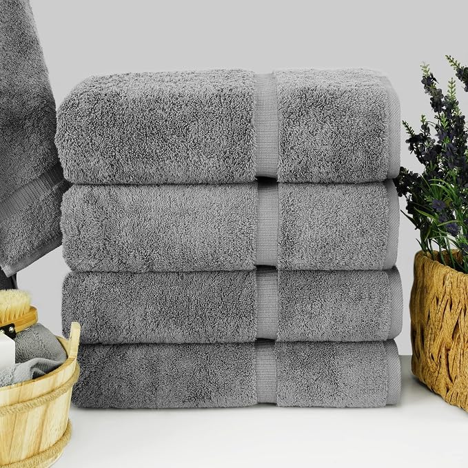 Chakir Turkish Linens 100% Cotton 4-Pack Bath Towels 27x54, Gray | 100% cotton bath towels, set of 4 at 27x54, OEKO-TEX certified, soft plush and absorbent