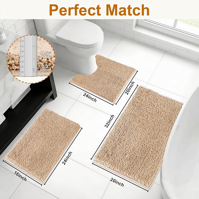 Bathroom Rugs Sets 3 Piece Non Slip Washable Bath Mat Set | Microfiber bath rug set with toilet mats for bathroom , Soft Absorbent toilet rug set TPR Rubber Backed bathroom floor mat
