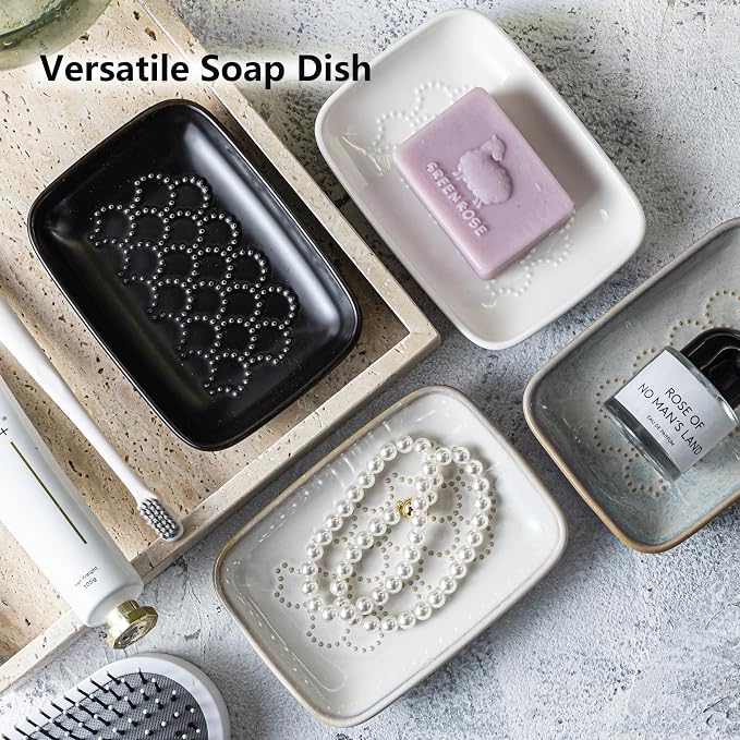 Gomakren Ceramic Soap Dish Bar Soap Holder for Bathroom Kitchen Sink Beige | Keeps soap dry & long-lasting, raised scalloped design, non-slip base, easy to clean, versatile tray counter storage & decor