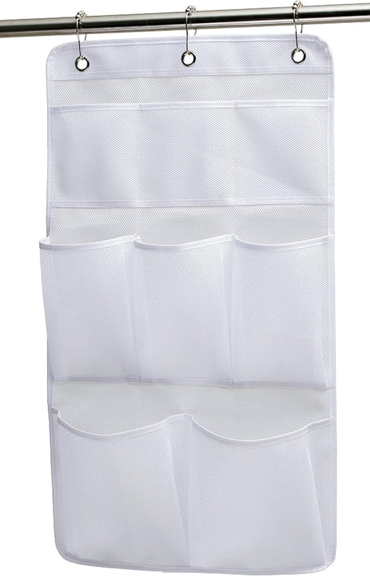 KIMBORA Mesh Shower Organizer Hanging Bathroom Caddy 8 Pockets Hang Curtain Rod with 3 Rings