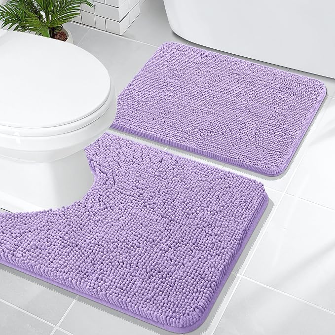 OLANLY Chenille Bathroom Rugs Mats Sets 2 Piece, 24"x16"+24"x20", Lavender | Soft Absorbent Bath Mat and U-Shaped Contour Toilet Rug Set, Quick Dry, Machine Washable Bath Carpet, Home Decor Accessories