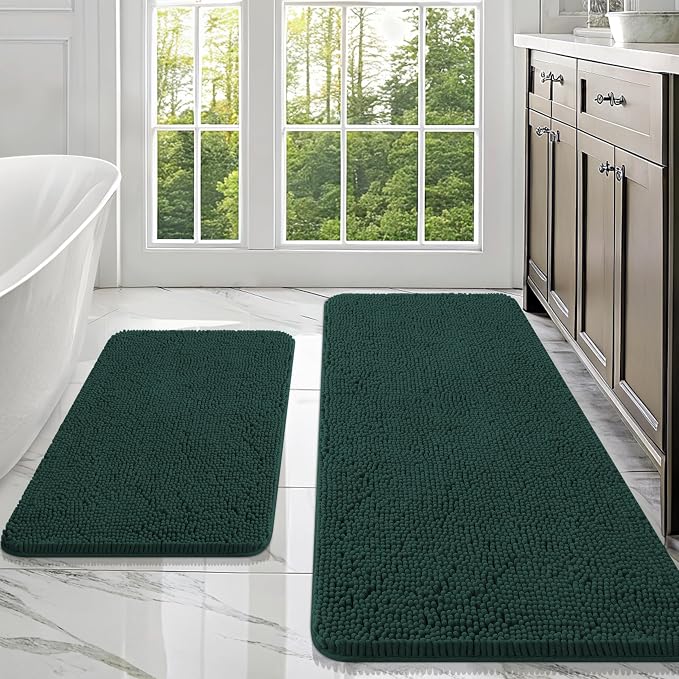 OLANLY Chenille Bathroom Rugs Sets 2 Piece, 47"x20"+30"x20", Blackish Green | Ultra Soft Absorbent Bath Rugs Set, Rubber Backing Non-Slip, Quick Dry, Machine Washable Bath Carpet, Home Decor Accessories