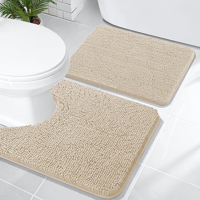 OLANLY Chenille Bathroom Rugs Mats Sets 2 Piece, 24"x16"+24"x20", Sand | Soft Absorbent Bath Mat and U-Shaped Contour Toilet Rug Set, Quick Dry, Machine Washable Bath Carpet, Home Decor Accessories
