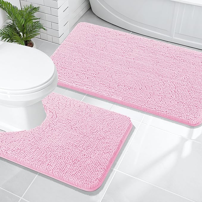 OLANLY Chenille Bathroom Rugs Mats Sets 2 Piece, 47"x20"+24"x20", Pink | Soft Absorbent Bath Mat and U-Shaped Contour Toilet Rug Set, Quick Dry, Machine Washable Bath Carpet, Home Decor Accessories