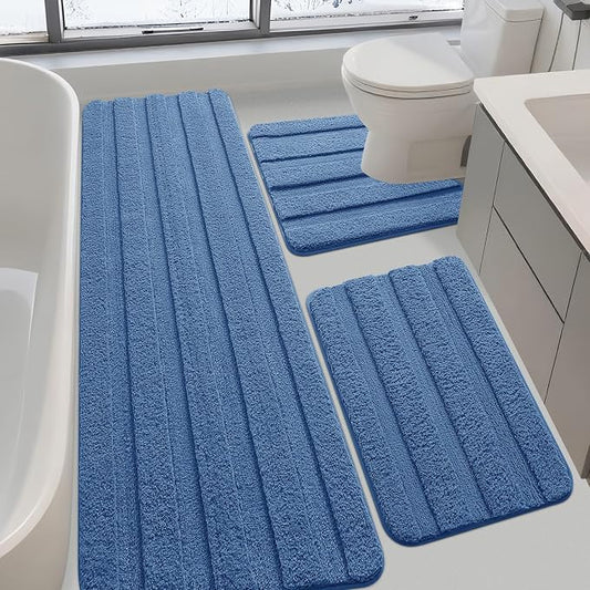 Striped Bathroom Rugs Sets 3 Piece, Ultra Soft Plush Fluffy Microfiber Absorbent Bath Mat, Non-Slip Backing, Machine Washable Bath Mats for Bathroom Floor, Tub, Toilet and Shower, Home Decor, Blue