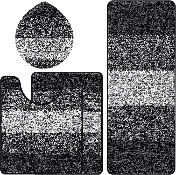 Bsmathom Bathroom Rug Set 4 Piece, Plush Microfiber Bath Mat, Black | Extra Water Absorbent, Non Slip Washable Runner Bath Rugs with Toilet Lid Cover and U-shaped Contour Toilet Mat