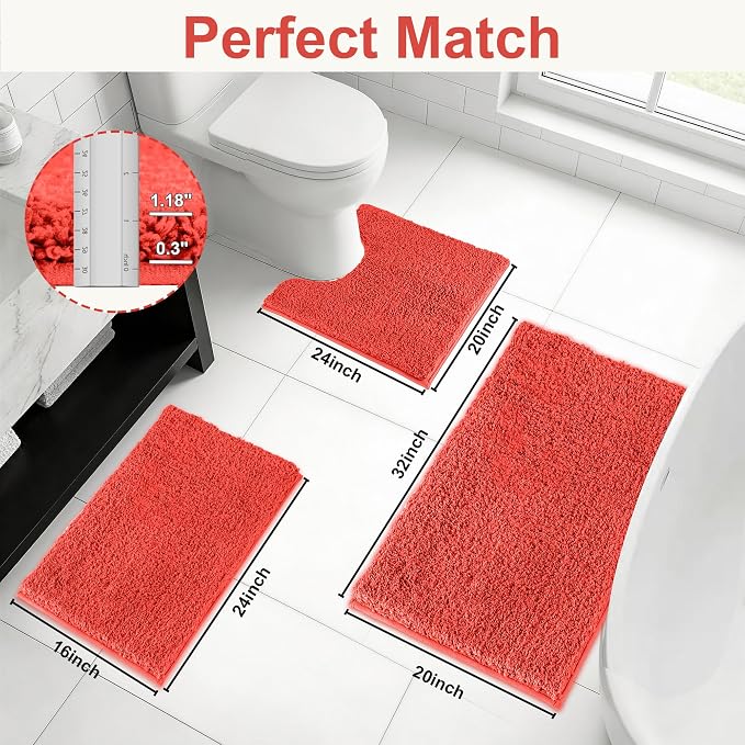 Bathroom Rugs Sets 3 Piece Non Slip Washable Bath Mat Set | Microfiber bath rug set with toilet mats for bathroom , Soft Absorbent toilet rug set TPR Rubber Backed bathroom floor mat