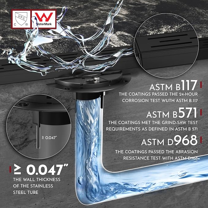 WEBANG 24 Inch Linear Shower Drain Rectangular Floor Drain with Accessories Rainline Pattern Cover Grate Removable SUS304 Stainless Steel CUPC Certified Matte Black