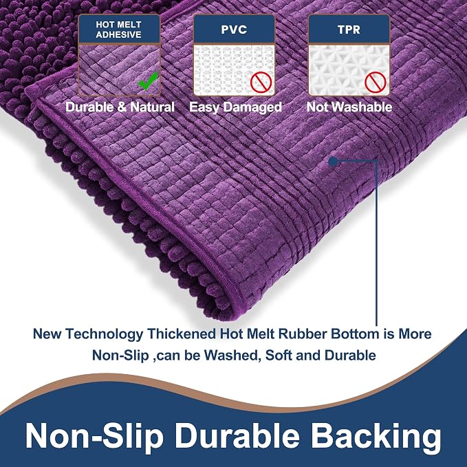 Non Slip Thick Shaggy Chenille Bathroom Rug Sets 2 Piece, Thickened Hot Melt Rubber Bottom Bath Mats for Bathroom, Bath Rugs Quick Dry Machine Washable for Shower (Plum, 47"x17" Plus 17"x24")