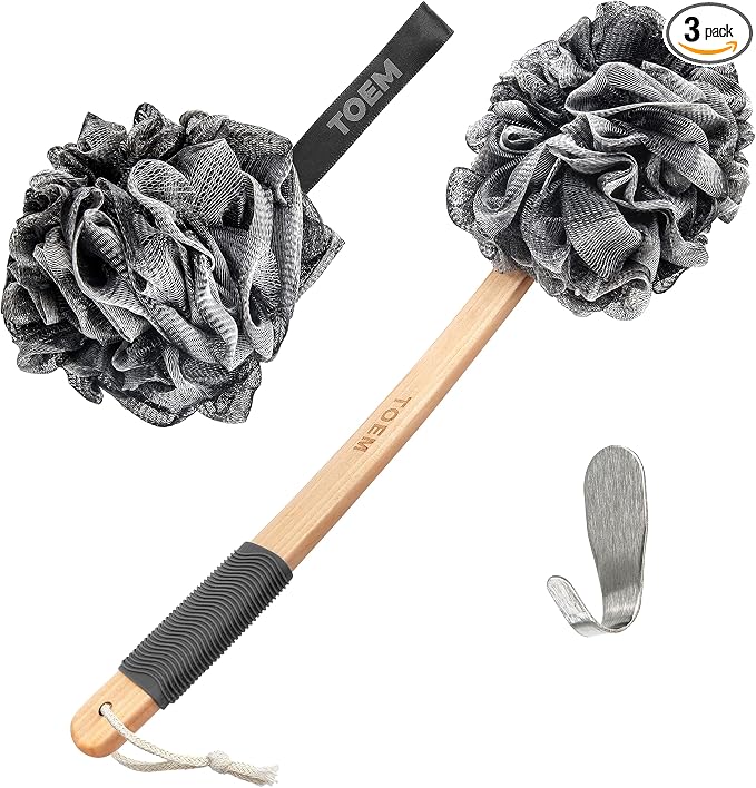Toem® Loofah Back Scrubber for Shower | Bamboo Charcoal | Long Handle | Luffa & loofa for men & women | Bath sponge | Kit: long-handled scrubber + pouf + hook | Body wash scrub stick | Slate Grey