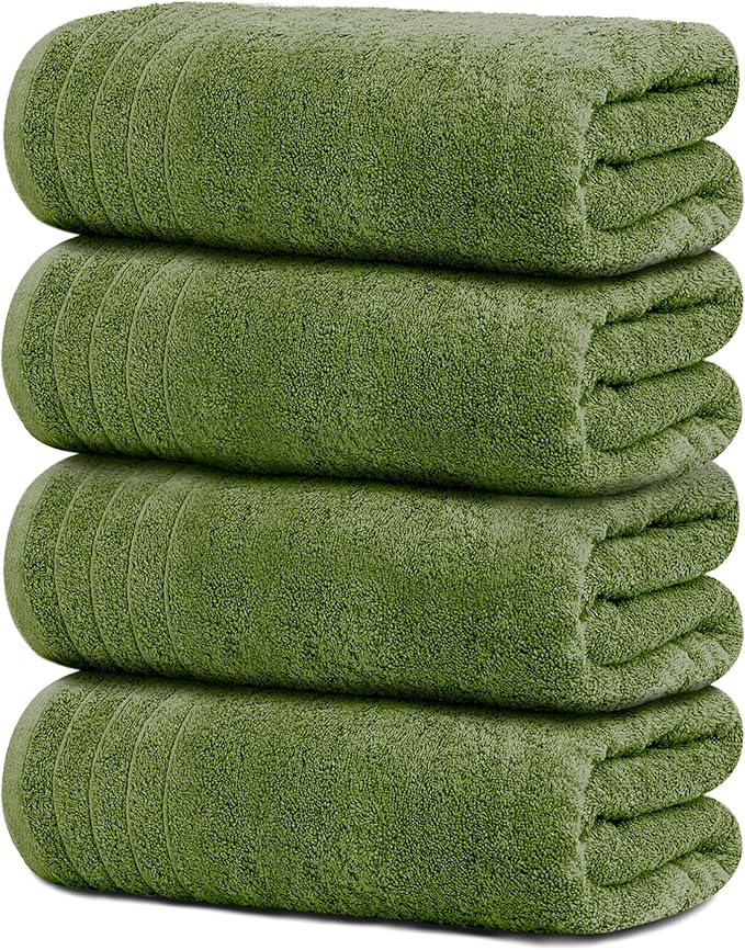 4 Piece Extra Large Bath Towels 30 x 60 Inches, Green | 100% Cotton, Larger & Lighter Weight, Quicker to Dry, Super Soft and Absorbent, Perfect for Bathroom