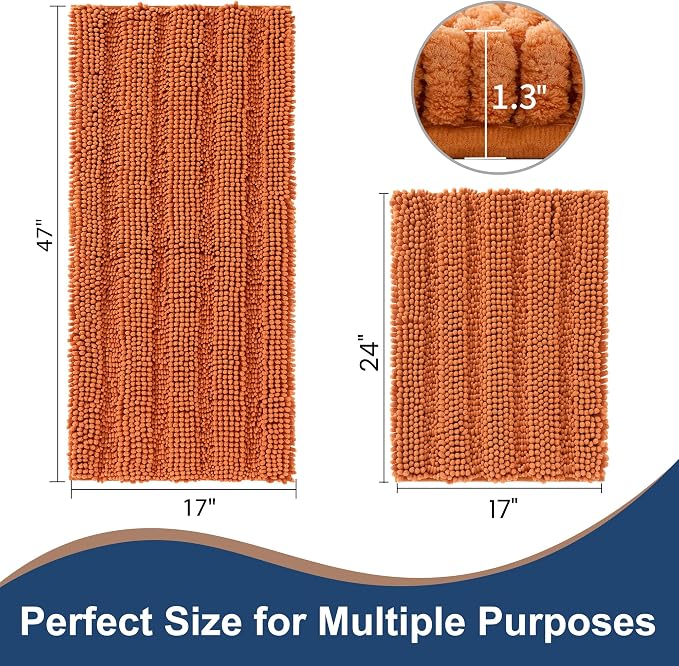 FLOLEOPA Non Slip Thick Shaggy Chenille Burnt Orange Bathroom Rug Sets 2 Piece, Thickened Hot Melt Rubber Bottom Bath Mats for Bathroom, Rugs Quick Dry Machine Washable Shower Mat