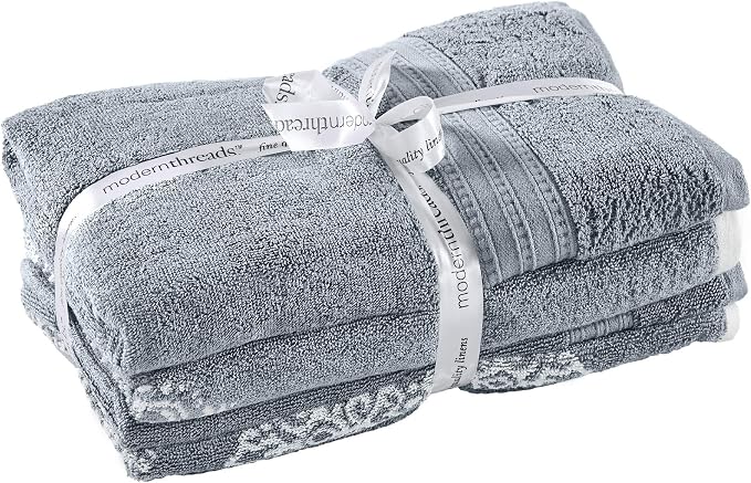 Modern Threads 6-Piece 100% Cotton Damask Medallion Towel Set, Blue | Highly Absorbent, Soft & Plush, Quick-Drying, 550 GSM, Color-Rich Yarn-Dyed Design, OEKO-TEX Certified