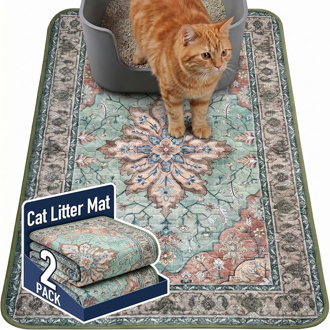 Hompet Cat Litter Mat 2 Pack, 24x36 Large Machine Washable Trapping Mats for Cats, Super Absorbent & Urine-Proof Cat Litter Box Mat for Floor, Waterproof & Non Slip Kitty Litter Rug
