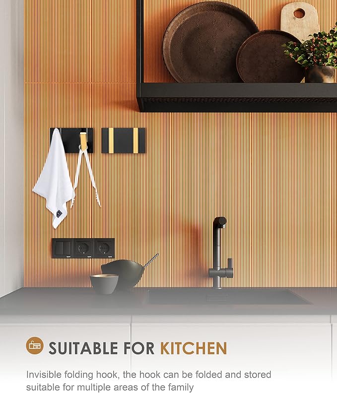 2 Pack，Waterproof Black Gold Wall Hooks，Foldable Towel Hooks for Bathrooms，Coat Hooks Wall Mounted，Free Perforated，Modern Coat Hooks，Bathroom Towel Hooks，Towel Door Hooks，Also for Balcony，Kitchen.