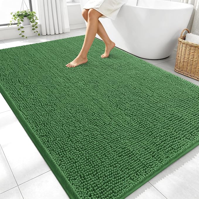 OLANLY Large Bathroom Rugs 70x46, Extra Soft Absorbent Chenille Bath Rugs | Olive Green, Quick-Drying Rubber Backing, Washable Bath Mat for Bathroom Floor, Tub and Shower, Home Decor Accessories