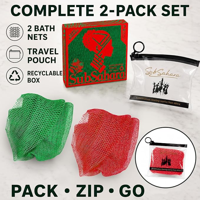Authentic African Net Sponge, 2 Pack 45-Inch Exfoliating Bath Sponge and Shower Loofah for Body and Back, Colorfast Quick-Dry Knotted Mesh Scrubber with Travel Pouch(Red & Green)
