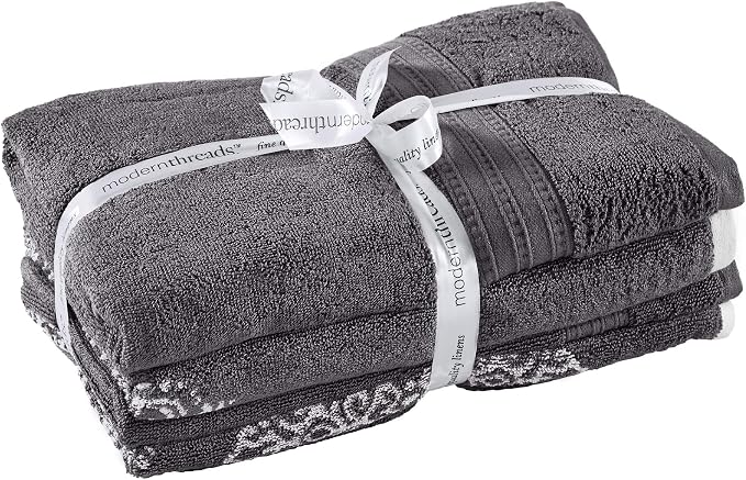 Modern Threads 6-Piece 100% Cotton Damask Medallion Towel Set, Charcoal | Highly Absorbent, Soft & Plush, Quick-Drying, 550 GSM, Color-Rich Yarn-Dyed Design, OEKO-TEX Certified