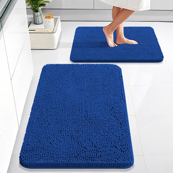 OLANLY Chenille Bathroom Rugs Mats Set 2 Piece, 30"x20"+24"x16", Royal Blue | Ultra Soft Absorbent Bath Rugs Set, Rubber Backing Non-Slip, Quick Dry, Machine Washable Bath Carpet, Home Decor Accessories