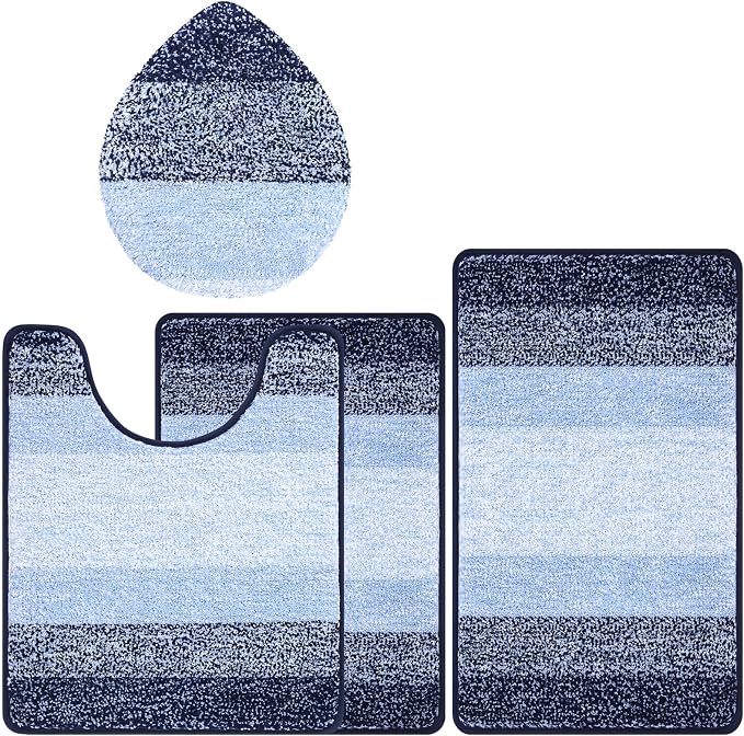 Bsmathom Bathroom Rug Set 4 Piece, Plush Microfiber Bath Mat, Navy Blue | Super Water Absorbent, Non Slip Machine Washable Bath Rug Sets with Toilet Lid Cover and U-shaped Contour Toilet Mat