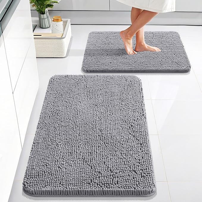 OLANLY Chenille Bathroom Rugs Mats Sets 2 Piece, 30"x20"+24"x16", Grey | Ultra Soft Absorbent Bath Rugs Set, Rubber Backing Non-Slip, Quick Dry, Machine Washable Bath Carpet, Home Decor Accessories