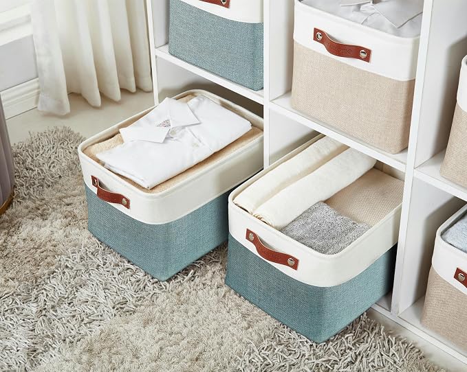 DECOMOMO Storage Bins, Large Fabric Storage Baskets for Shelves, Decorative Linen Closet Organizer, 15 x 11 x 9.5 inches (Green & White, 3 Pack)