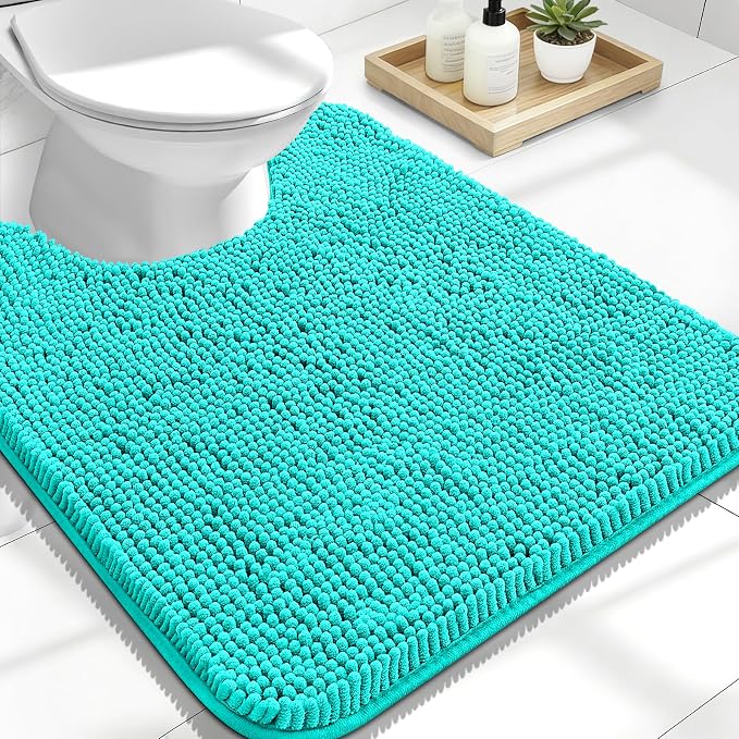 OLANLY Toilet Rugs U-Shaped 24x20, Soft Absorbent Chenille Contour Rugs | Teal, Quick-Drying Rubber Backing, Machine Washable Non-Slip Shaggy Bathroom Mat for Toilet, Home Decor Accessories