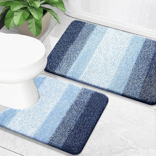 OLANLY Micorfiber Bathroom Rug Set 2 Piece, 30"x20"+U-Shaped 24"x20" | Navy, Soft Absorbent Bath Mats and Contour Toilet Rug, Non-Slip, Machine Wash Dry, Plush Shaggy Bath Mats for Bathroom