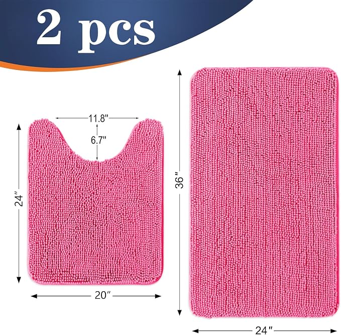 OLANLY Chenille Bathroom Rugs Mats Sets 2 Piece, 36"x24"+24"x20", Hot Pink | Soft Absorbent Bath Mat and U-Shaped Contour Toilet Rug Set, Quick Dry, Machine Washable Bath Carpet, Home Decor Accessories