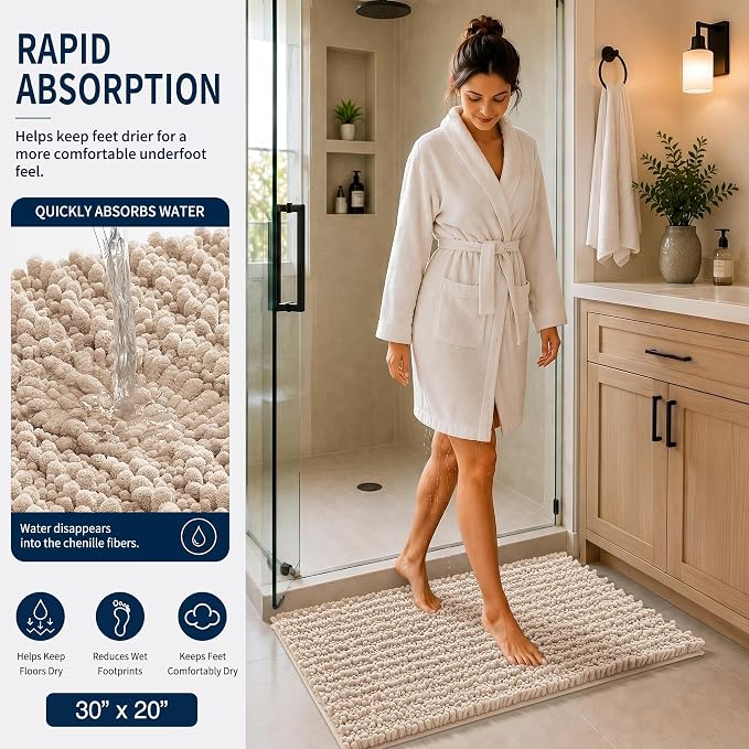 Yimobra Bathroom Rug Set 3 Piece, Super Water Absorbent Bath Mat Set, Beige | Quick Dry Soft Chenille Bath Rugs & Toilet Rug, Non Slip Machine Washable, Extra Thick Shaggy Floor Mat for Shower Tub Sink