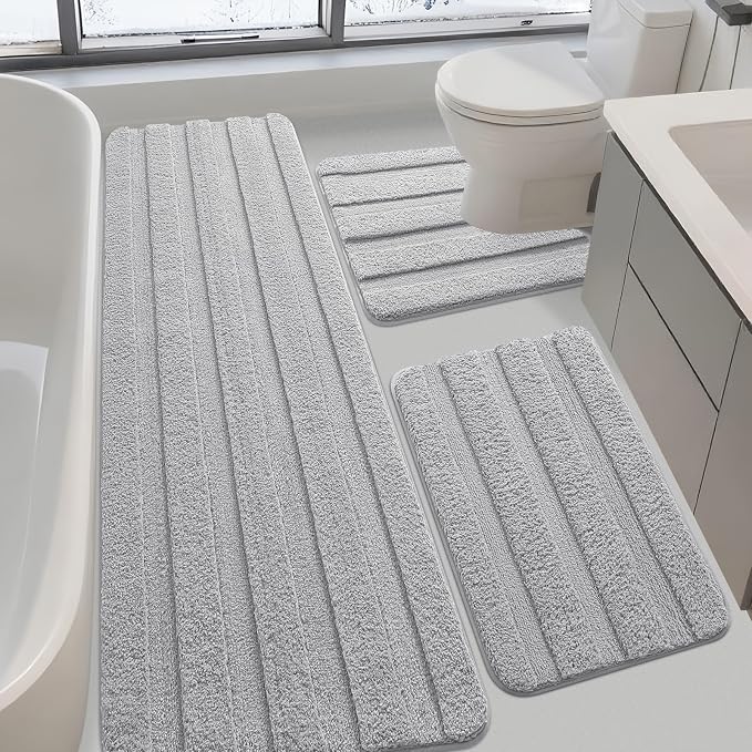 Striped Bathroom Rugs Sets 3 Piece, Ultra Soft Plush Fluffy Microfiber Absorbent Bath Mat, Non-Slip Backing, Machine Washable Bath Mats for Bathroom Floor, Tub, Toilet and Shower, Home Decor, Grey