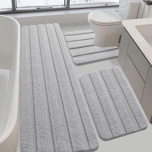 Striped Bathroom Rugs Sets 3 Piece, Ultra Soft Plush Fluffy Microfiber Absorbent Bath Mat, Non-Slip Backing, Machine Washable Bath Mats for Bathroom Floor, Tub, Toilet and Shower, Home Decor, Grey